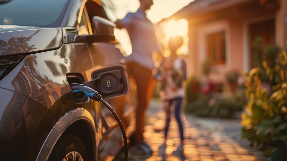 E-Auto wird tagsüber bei Sonnenschein vor einem Wohnhaus geladen.