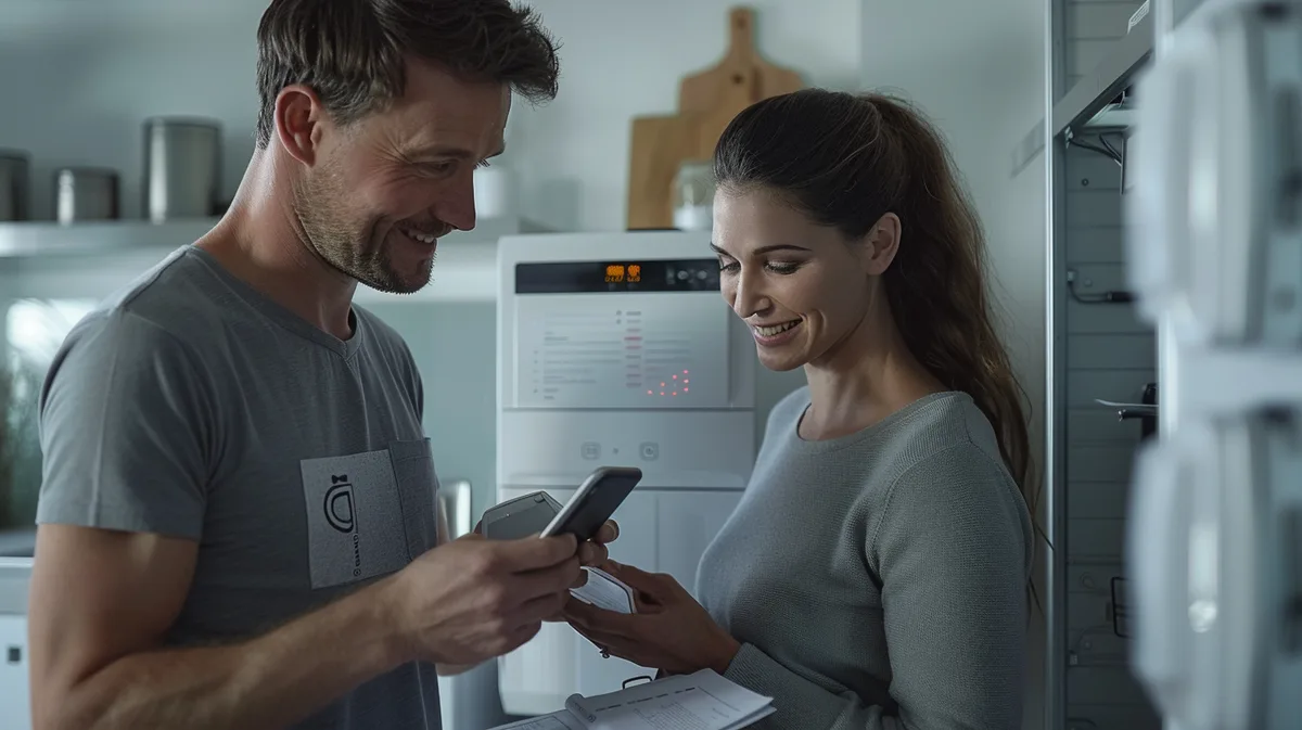Paar prüft am Smartphone die Werte eines Heimspeichers – Zukunftsmotiv gemeinschaftlicher Stromspeicher.